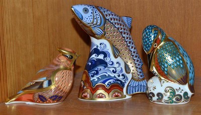 Lot 343 - Three Royal Crown Derby paperweights 'Leaping Salmon', 'Kedleston Kingfisher' and 'Waxwing' (boxed)