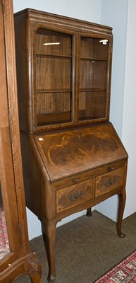 Lot 1568 - A Crossbanded Walnut Bureau Bookcase, with...