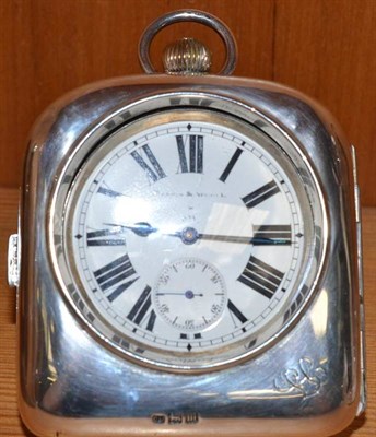 Lot 348 - A silver Mappin and Webb pocket watch with easel travel case