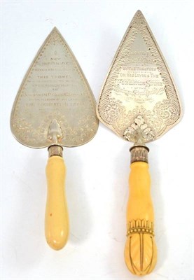 Lot 359 - Two ceremonial trowels, each with a chased silver blade with presentation inscription and ivory...