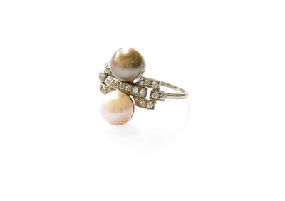 Lot 436 - A Pearl and Diamond Ring, the buckle motif set...