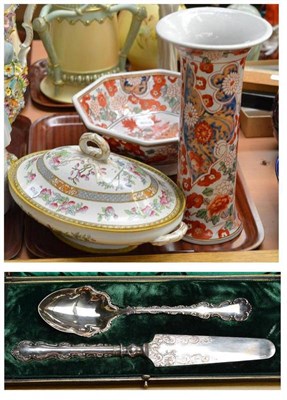 Lot 388 - An Imari sleeve vase, a similar octagonal bowl, an Indian tree tureen and plated servers