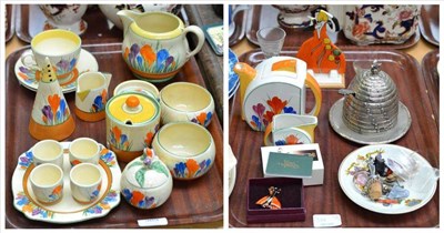 Lot 389 - Two trays including a number of Clarice Cliff Crocus pattern objects including a conical sugar...