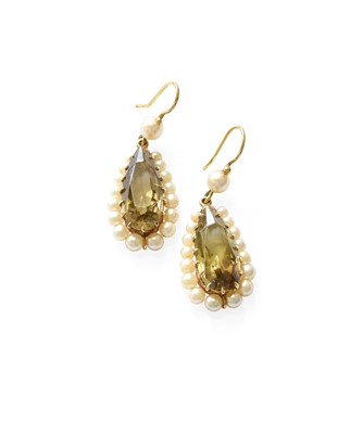 Lot 446 - A Pair of Smoky Quartz and Cultured Pearl Drop...