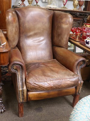 Lot 1521 - George III Style Brown Leather Wingback Chair,...