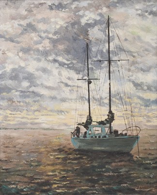 Lot 1287 - J* Ludford (20th century) Anchored sailboat at...