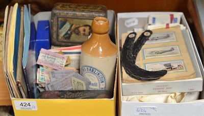 Lot 424 - Tea and cigarette cards, bus tickets, tins, Darlington bottle, etc