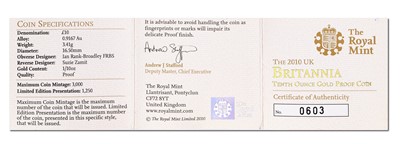 Lot 196 - UK, Britannia 1/10th Oz. Gold Proof Coin 2010,...