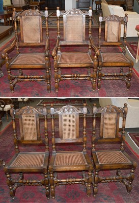 Lot 1525 - A Set of Six Oak and Canework Dining Chairs,...