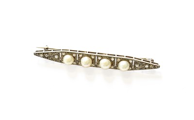 Lot 421 - A Pearl and Diamond Brooch, four pearls in...