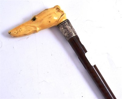 Lot 444 - A late Victorian walking stick, the ivory handle carved as the head of a hound