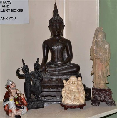 Lot 452 - Bronze Buddha, soapstone figure, bronze dancers, resin Buddha and a porcelain figure (5)