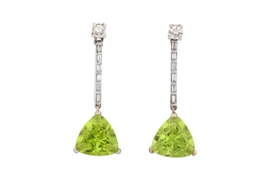 Lot 2295 - A Pair of Peridot and Diamond Drop Earrings a...