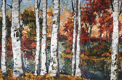 Lot 1130 - Maya Eventov (b.1964) Silver birches Signed,...