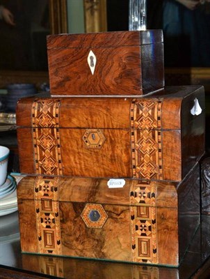 Lot 470 - Two similar Victorian walnut work boxes with parquetry decoration and a rosewood tea caddy