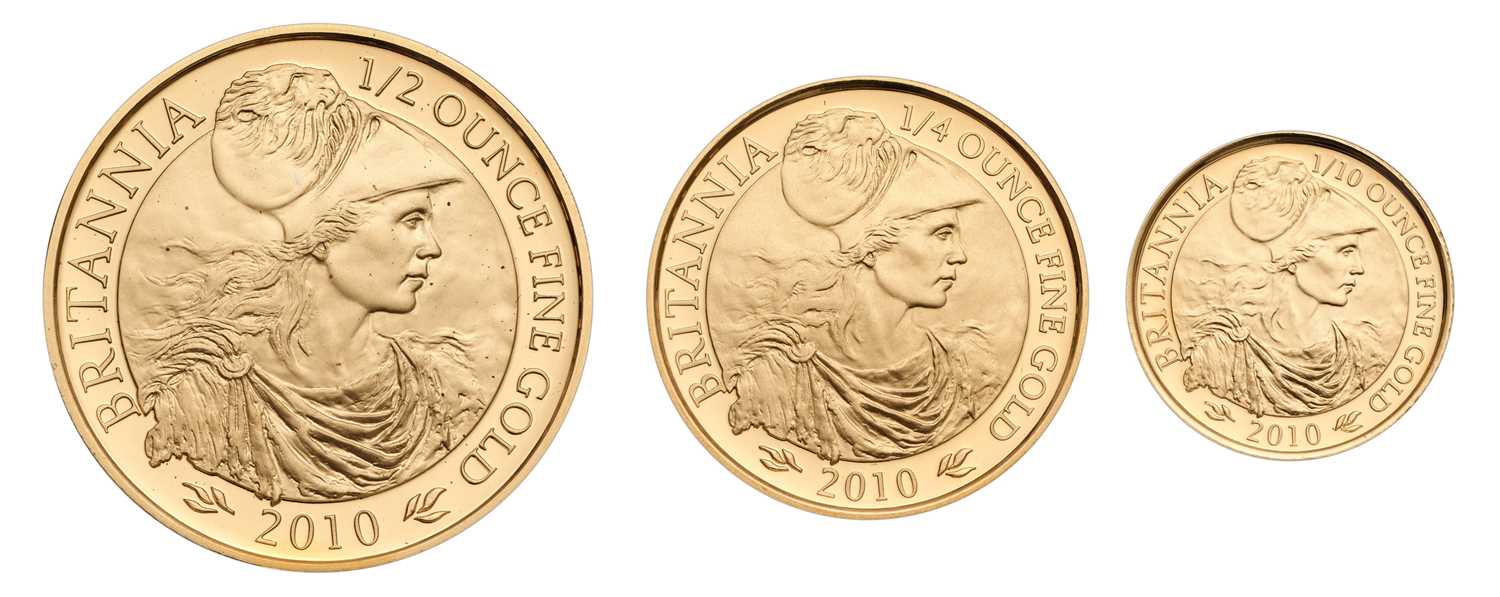 Lot 90 - UK, Britannia Three-Coin Gold Proof Set 2010,...