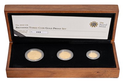 Lot 90 - UK, Britannia Three-Coin Gold Proof Set 2010,...