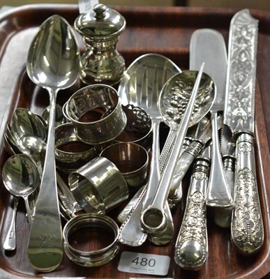 Lot 480 - A collection of silver including a Georgian Newcastle silver basting/gravy spoon, a silver...