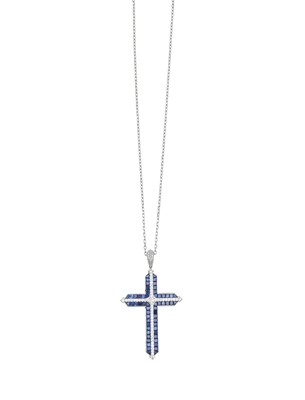 Lot 2232 - A Sapphire and Diamond Cross Pendant on Chain...