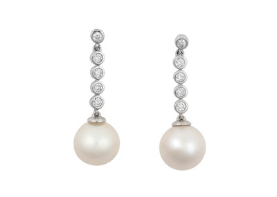 Lot 2263 - A Pair of Cultured Pearl and Diamond Drop...