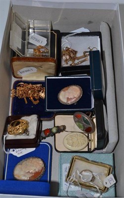 Lot 485 - Assorted cameo brooches, two dress rings, assorted screw-on earrings, costume jewellery, an...