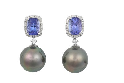 Lot 2258 - A Pair of Tanzanite, Diamond and Grey Cultured...