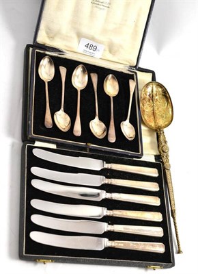 Lot 489 - Silver Coronation spoon, six teaspoons and six knives