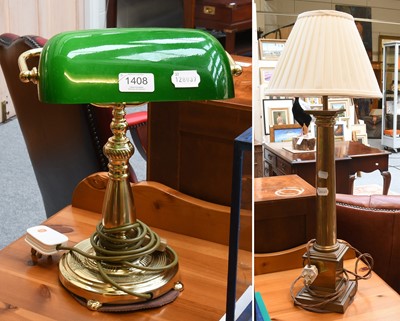 Lot 1408 - A Brass Based Desk Lamp, with green glass...