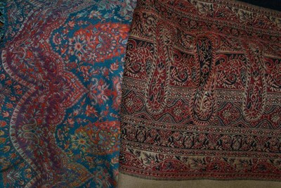 Lot 515 - Large Kashmiri shawl of paisley design and a black jacquard shawl with paisley borders