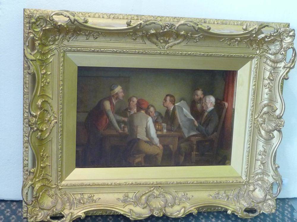 Lot 801 - Attributed to Thomas Webster RA (1800-1886)   "The Politicians "  Oil on panel, 23.5cm by 37cm