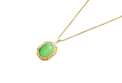 Lot 75 - A Jade and Diamond Pendant on Chain, the oval...