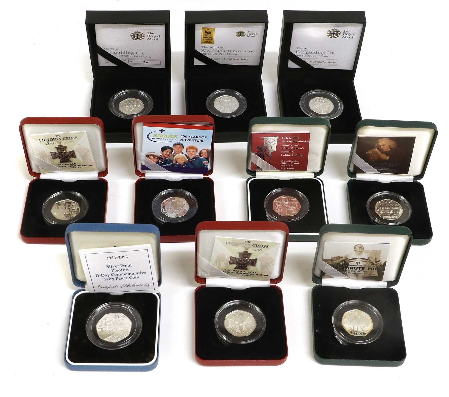 Lot 17 - 10x UK Silver Proof Fifty Pence Coins, (5x) of...