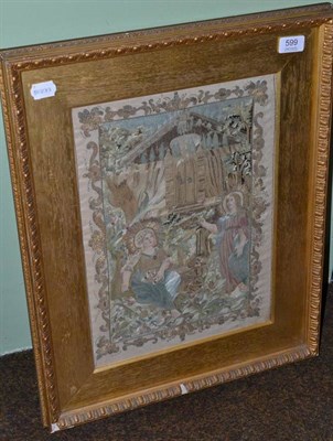 Lot 599 - A 19th century gilt framed silk embroidered picture with painted silkwork depicting a religious...