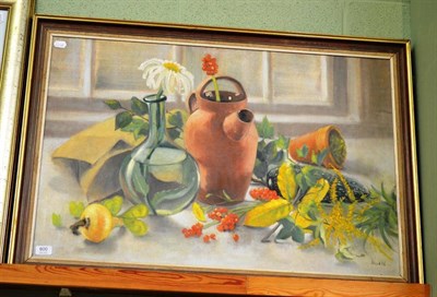 Lot 600 - Judith Bluck, still life of flowers, berries and a glass bottle, signed and dated 1964, oil on...