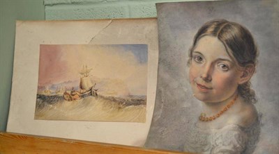 Lot 607 - A 19th century watercolour study of a young girl wearing an amber necklace and a watercolour of...