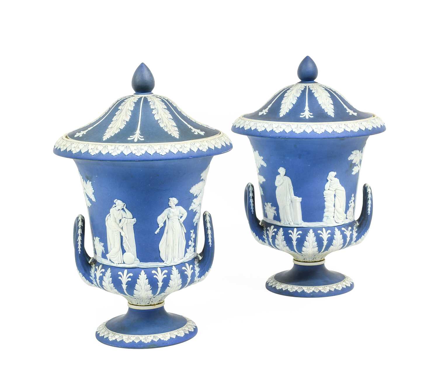 Lot 69 - A Pair of Wedgwood Jasper Twin Handled Urns...