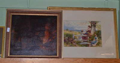 Lot 616 - After Miles Birkett Foster, watercolour of a woman and three children;  a 19th century oil on...