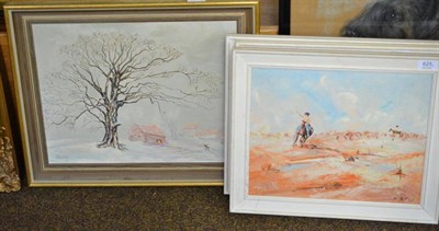 Lot 625 - Quantity of assorted pictures by E Berg (Australian artist) and another oil winter scene by Charney