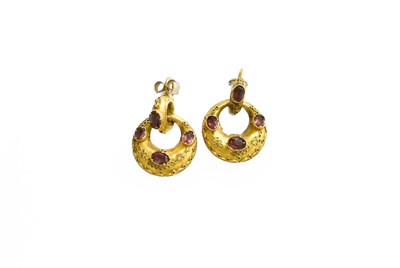 Lot 129 - A Pair of Garnet Drop Earrings, the hoop...