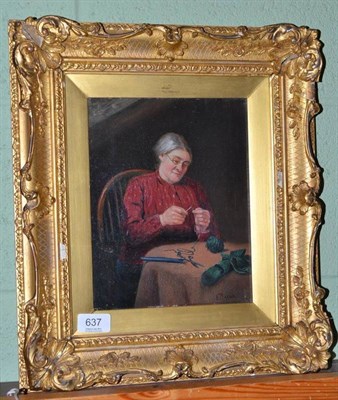 Lot 637 - F* Beech, a lady knitting at a table