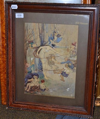 Lot 639 - A 19th century watercolour of a fairy being entwined by her hair by a group of seven goblins,...