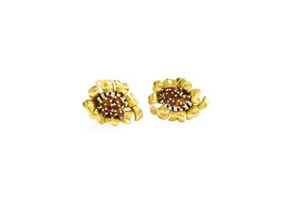 Lot 84 - A Pair of Ruby Earrings, of stylised foliate...