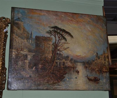 Lot 662 - Continental School, early 20th century, view of a river in Roman times, thickly worked impasto, oil