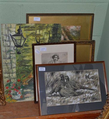 Lot 673 - A charcoal study heightened in white of a group of pheasants and four assorted pictures and...