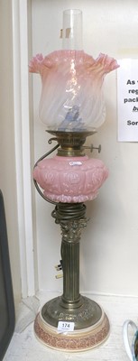 Lot 174 - A Victorian Brass Columnar Oil Lamp, with pink...