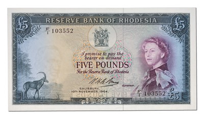 Lot Rhodesia, Five Pounds, dated 10th November...