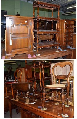 Lot 726 - Oak cupboard, carved whatnot, wall shelf, mirror, oak table, plant stand, chest of drawers and...