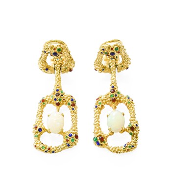 Lot 206 - A Pair of Opal and Enamel Drop Earrings, of...