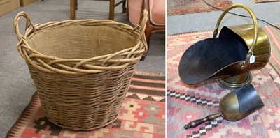 Lot 1337 - A Wicker Log Basket and a Brass Helmet Shaped...