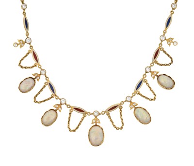 Lot 2317 - An Opal, Enamel and Colourless Stone Necklace...